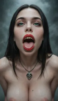 Ultra-realistic, vampire with pointed teeth, open mouth, Pale white like marble, ((a woman with very pale skin)), (((skin completely pale, skin without pigment, long black hair))), extremely detailed, (enormous fangs, open mouth), (seductive green eyes, full lips, red lipstick), ((enormous exposed breasts, pink areolas)), (huge breasts), Necklace with skull detail around the neck, (naked, perfect, pussy), wet pussy, pubic hair, front view, side view, ground full of skulls and bones, ((fog in the background)), night scene, ((very pale)), skin, Perfect, Fangs, fangs, sharp, teeth, fang, <lora:detailed_notrigger:.8>, <lora:Pale_Skin_SDXL_v1.0:.8>, <lora:Unfazed vampire - XL SDXL V1.0:.8>