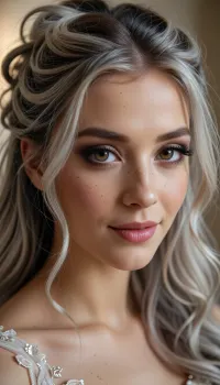 (masterpiece, best quality, 8k, Raw photography:1.2), (award-winning:1.1), (high fashion aesthetic, avant-garde portfolio photoshoot:1.4), (focus on eyes, elegant wedding gown, immaculate makeup:1.8), (loving Girl, hyper feminine features, joy, celebration, adoring gaze, soft contented smile:1.5), high cheekbones, cute upturned nose, upturned upper lip, Freckles, (sense of intimacy:1.4), (intricate eye details:1.6), (warm eyes, captivating eyes:1.6), (long delicate eyelashes:1.5), (smokey makeup, intense makeup:1.4), (textured ash blonde hair with dark highlights, intricate and elaborate hair style:1.4), (shallow depth of field, professional color grading:1.6), (softly blurred background:1.3), (warm natural light, hair glow lighting), (natural skin texture:1.6), (realistic skin details:1.5), (intricately detailed hair:1.5), (expressive detailed eyes:1.6), (visible limbal ring:1.5), (detailed iris texture:1.5), (natural hair texture:1.4), (realistic eye texture:1.5), subtle vellus hairs, ziprealism