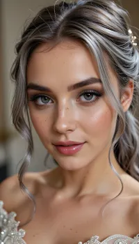 (masterpiece, best quality, 8k, Raw photography:1.2), (award-winning:1.1), (high fashion aesthetic, avant-garde portfolio photoshoot:1.4), (focus on eyes, elegant wedding gown, immaculate makeup:1.8), (loving Girl, hyper feminine features, joy, celebration, adoring gaze, soft contented smile:1.5), high cheekbones, cute upturned nose, upturned upper lip, glossy lips, Freckles, (sense of intimacy:1.4), (intricate eye details:1.6), (warm eyes, captivating eyes:1.6), (long delicate eyelashes:1.5), (smokey makeup, intense makeup:1.4), (textured ash blonde hair with dark highlights, intricate and elaborate hair style:1.4), (shallow depth of field, professional color grading:1.6), (softly blurred background:1.3), (warm natural light, hair glow lighting), (natural skin texture:1.6), (realistic skin details:1.5), (intricately detailed hair:1.5), (expressive detailed eyes:1.6), (visible limbal ring:1.5), (detailed iris texture:1.5), (natural hair texture:1.4), (realistic eye texture:1.5), subtle vellus hairs, ziprealism
