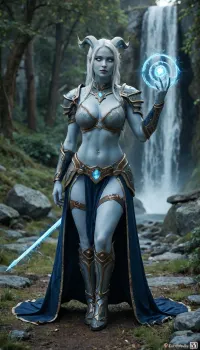 (((world of warcraft female draenei))), full body framing, (((very light blue skin))), white hairflowing in the wind, ((white eyes)), big breasts, perfect body, belly piercing, (standing in stormwind), ((sexy paladin armor)), from front, (dynamic sexy pose), ((healing spell))
