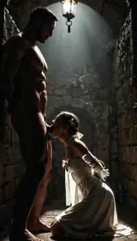 (1girl, sua, (alien stage), , , white dress, white bows, white elbow gloves, sex slave, excessive hogtied, arms bound behind back, ultra deep blowjob, view from side, 1male:1.1), ancient cellar vault, filthy underground basement, almost pitch-black, a weak bare light bulb hanging from the ceiling, barely illuminating the room, heavy shadows, dark corners, low-key lighting, eerie atmosphere, dramatic chiaroscuro., dark, chiaroscuro, low-key, <lora:zavy-cntrst-sdxl:2>, <lora:dark:2>