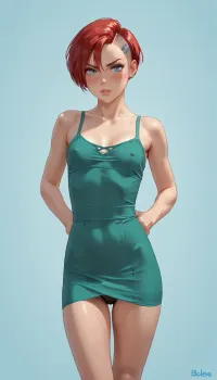 <lora:Tan_Pokemon_Anime_style_girl:.8>, <lora:aesthetic_anime_v1s:.8>, red head short hair, hair shaved on right side, skinny, small tits, 25 years old, bleu eyes, standing in a love motel, hands in her back, wearing a green dress, looking upset, blushing, she is lifting her skirt to reveal her black panties and tits, shirtpull, <lora:shirtpull_SDXL:.8>