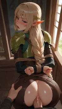(((incase style, art of incase))), (a slim elf thief in leather clothing. her hands are tied with rope behind her back), (bound hands. tied up hands. tied wrists), ((bent over)), ((A slim elven woman with long pointy ears and a very long braid is leaned far out of the window of a medieval house)), ((She wears fantasy rogue leather armor and leather pants.)), (her wrists are tied with rope behind her back), (She is moaning hard), (her pants are ripped open on the back), ((A man is fucking her from behind)), (anal sex. Ass fucking. Cock in ass), score_6_up, 4ng3l, face, green, eyes, blue, brown, perfecteyes, <lora:sd_xl_dpo_lora_v1:1>, <lora:SDXL_BetterFaces-LoRA_v1:1>, <lora:PerfectEyesXL:2>, <lora:detailed_notrigger:1>