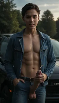 Fully erect cock. realistic, upward cock cumshot white sperm, one sexy beautiful young korean k-pop man on car, Solo, day time, close-up.25 years old muscular man, yellow skin, asian tall man, short sexy black hair, open mouth, scream orgasm, smile, pleasure, orgasm, short hair, straight hair, front view, standing next to car in car park at day, wearing opened blue denim jacket with long sleeve, empty chest, cock sticking out from his jeans, with sexy shiny leather belt, wear neck male medallion, veiny cock, little sexy thick cock, oiled, masturbating, splasy squirt cumshot white plenty sperm liquid milk from cock, standing for viewer, looking directly at me, eye-contact, looking, at, viewer, <lora:looking_at_viewer:.8>, <lora:dark:.8>