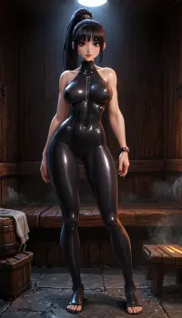 (innv meets jack cayless style), reiq style, masterpiece, cel-shaded, limited color palette, ((Beautiful Muscles Sexy Eve from Stellar Blade game body:1.3)), 1girl, solo, alone, (athletic, wide, build, body), (seductive face, black hair tied in a long ponytail, and bangs, ads, big perfect breast, muscles athletic body, perfect legs, feet, vary wide hips, perfect thighs, big perfect hard ass, sweaty body), ((metallic tie), (tight, metallic, techy, gear, sci-fi, body suit)), (camel toed), ((standing seductive posing)), full body in front view, (sauna, steam, hotel), ultraviolet light, LoL, Style, stelbldeve, <lora:LCMTurboMix_Euler_A_fix:2>, <lora:EnvyCuteXL01v12:2>, <lora:EnvyAnimeDigitalPaintingXL01:2>, <lora:StelBldEveXL:2>, <lora:Eve_-_Cybernetic_Dress:.8>