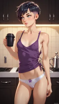 1 girl, staekinglight, pcpcpc, <lora:nai3animation_v2.6.1-000100:.8>, (black hair), (short pixie hair cut), (freckles), (slim), (small breasts), (25 years old), (silver eyes), wearing purple tank top and white panties, large cotton panties, hipster panties, standing, standing in kitchen, holding coffee, lot of pussy hairs poking out of panties, pubis hair poking out of panties, looking away, night, downblouse, nipslip, <lora:RealDownblouseXL2:.8>, lowleg, panties, <lora:Lowleg_panties:.8>