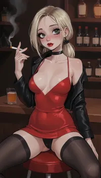 reiq meets innv and Jack cayless art style, 18 year old blonde girl, (red slip mini dress), leather jacket, black fishnet stockings, black panties, choker, earrings, frontal view, long hair, low ponytail, green eyes, cute freckles, blushing, huge breasts, petite girl, perfect waist, perfect hourglass figure, skinny, slim, freckled face, tight waist, perfect hands, perfect fingers, perfect anatomy, masterpiece, best quality, high resolution, ultra detailed, perfect breasts, red lips, pale skin, sexy pose, whisky tumbler, smoking, sitting on stool, legs spread, night bar, dynamic sexy pose, ratatatat74, relaxed, mini, dress, <lora:EnvyBeautyXL02:1>, <lora:mk_Bp Anime_xl:1>, <lora:EnvyAnimeDigitalPaintingXL01:1>, <lora:ratatatat74-000050:1.9>, <lora:BT_Relaxed_Mini_Dress_XL:.8>