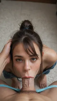 slim face, brunette, brown eyes, freckles, jewelry, earrings, bangs, deepthroat blowjob, (deep throat, blowjob:1.7), man standing, (pulls ponytail:1.5), pov