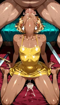 (blond short hair), (skinny), (small tits), (dark skin girl), (purple eyes), (severe look), <lora:Tan_Pokemon_Anime_style_girl:.8>, <lora:aesthetic_anime_v1s:.8>, she wears a long yellow dress, in motel room the girl is kneeling in front of an man with a tick cock and sucking his penis, Sword swallowing, huge bulge throat, throat fuck, dick inside throat, huge dick in throat, (heaShed back:1.3), throat swab, head tilt, huge penis, Deep throat, asphyxia, head out of frame, from above, hourglass figure, ((reverse, fellatio, on, face, dick in mouth deepthroat)), (sword_swallowing_position), throat bulge, kneeling, pussy, ((spread legs)), dick in mouth, sspll, from, below, covered in sweat and cum, cum gushing out of mouth, bedroom, old fat man, cum drooling on chin, com on tits, cum on tights