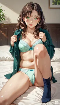 Chunky 20 year old adult woman, brunette hair, wavy long hair, thin face, medium chest, smooth pussy, Green eyes

In a bed room getting dressed, in underwear and a bra, sitting on the bed, putting on socks, button up shirt is un buttoned