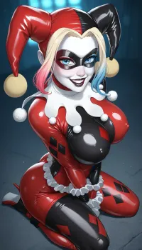 ((Harley Quinn from “Batman, The Animated Series ”:1.8)), ((Harley Quinn’s classic jester outfit:2), one piece outfit, full body covered head to toe, fully clothed, white face makeup, black eye mask), ((massive soft tits:1.6)), toned body, (natural beauty:1.2), (round booty:1.1), (highly detailed skin:1.4), (smiling:1), 30yo, Milf body, latex, beautiful face, curvy body, black lipstick, Blonde hair, medium boobs, round ass, m4rg0tr, h4rl3yq, from, above, front, close, up, spreading, legs, extreme, (((very high resolution)), (((perfect light)))), clothing extremely tight, pale skin, pout, bimbo, clothing way too tight, thick thighs, ((over-detailed professional photography, masterpiece, epic photorealism)), DSLR camera, best quality, best resolution, uhd, perfect composition of lights and shadows, dynamic, the brightest image, clear focus, depth of field, 32k, 30 mm lens, 1/250 s, f/2.8, ISO 300, plain_catsuit, namilia-full-bodysuit-red, black, bodysuit, skinsuit, one-piece, namilia-full-bodysuit-blue, <lora:FF-Latex.ID-XL-011.bf16:.5>, <lora:Plain_catsuit:1.8>, <lora:NAMILIA-full-bodysuit-SDXL-V0.1:.3>