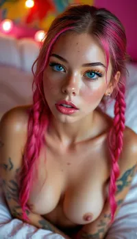 extreme wide angle close up taken with a 10mm lens from 1 foot away, Brazilian Costa Rican, 20 yo, model looking up at camera, (skinny:1.4), beautiful, nude playboy, cute 20-year-old girl, (licking a lollipop on her tongue with her right arm:1.3), (((freckles))), colorful lipstick on thin lips, Posing on her back in luxury bed with colorful sheets., leaning back with her back arched, (full sleeve colorful tattoos in Yakuza:1.4), spreading legs showing off her perfect pussy, she is lustful., ((hot pink 48 inch Long flowing hot pink messy pigtails hair blowing in the wind:1.3)), . The chest is large, High detail, excellent image quality, ((colorful neon background)), small, perfect toned body, perfect small toned ass, perfecteyes, insert, <lora:BUT_SDXL_SHS:.8>, <lora:MJ52:.8>, <lora:attractive_notrigger:1.1>, <lora:lora-sdxl-perfect-eyes:.4>, <lora:Enid Sinclair (3nid5) SDXL:1.3>