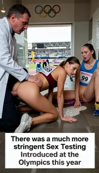 In the tunnel leading out into the arena of an Olympic stadium. Olympic 5 circle emblem, a side view, A competitor of a running race is on her hands and knees, she is wearing a thin burgundy vest with a ticket on it saying “SHAGWELL, 69” her shorts are on the ground, and a man in a doctors coat is fucking her from behind . The doctor is kneeling behind her his hands squeezing her bum and with his penis deeply penetrated into the womans pussy. Next to the woman is another competitor. Wearing a blue vest with a ticket saying “99
on it saying She is sitting on the floor, legs apart, much cum seeping down from her pussy, cum puddle on the floor, looking exhausted

White text box at bottom “ There was a much more stringent Sex Testing introduced at the Olympics this year”