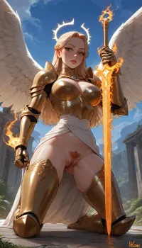 (((incase style, art of incase))), (a tall, muscular pale archangel with a white toga and a large flaming sword. She has extremely long, white golden hair. She has huge, white and gold angel wings and very detailed golden armor.), (a priestess kneels in front of her and licks her wet, open, red pussy with trimmed pubic hair), face, green, eyes, blue, brown, perfecteyes, Curved, Sword, Slash, <lora:sd_xl_dpo_lora_v1:1>, <lora:SDXL_BetterFaces-LoRA_v1:1>, <lora:PerfectEyesXL:1.3>, <lora:detailed_notrigger:2>, <lora:XL_Weapon_Curved_Sword_Slash__-_By_HailoKnight:1.5>