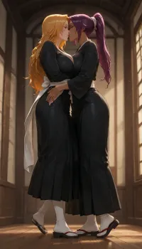 yoruichi shihoin from bleach, french kissing, rangiku matsumoto from bleach, masterpiece, beautiful, wide shot, full body shot