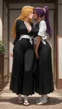 yoruichi shihoin from bleach, french kissing, rangiku matsumoto from bleach, masterpiece, beautiful, wide shot, full body shot