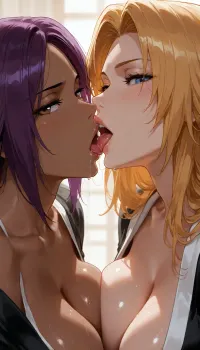 yoruichi shihoin from bleach, french kissing, rangiku matsumoto from bleach, both look to the viewer, masterpiece, sloppy, beautiful, wide shot, bust shot