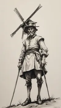 detailed pencil drawing with clean lines and meticulous shading, El ingenioso hidalgo Don Quijote de la Mancha's battle with the windmill, sidelight, blurry background, (((monochrome))), blurry white background, drawing, by, NTY, jsbw, style, v0ng44g, sk3tch, .8>, <lora:JasmineBWXLDoguMini:.7>, <lora:sketch_it:1.4>