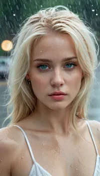 A breathtaking cinematic shot of a beautiful blonde woman with piercing teal eyes, caught in a the rain in a quiet neighborhood. She is walking down a sidewalk, her white sundress becoming translucent and heavy from the rain, clinging to her well-built frame. The lighting is high-contrast, with strong sidelight catching the rain droplets and the texture of her wet skin. Moody, hyper-detailed, 8k, emotional, highly realistic, high detail, eyes, blue, brown, perfecteyes, 4ng3l, face, <lora:PerfectEyesXL:1.1>, <lora:SDXL_BetterFaces-LoRA_v1:.9>, <lora:AzaleaXL2:.8>, <lora:CinematicStyle_v1:.8>