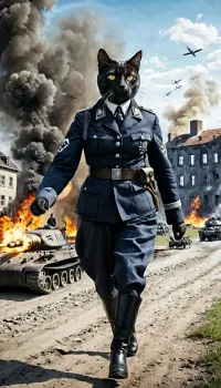 A black cat, Nazi female black cat, walking towards the viewer, carrying a pistol, (european shorthair, yellow eyes, black fur), traditional German nazi clothing, black SS uniform, nazi clothing, iron cross first class, background battlefield, corpses lying around, tanks, airplaes, bombers, soldiers, burning old houses, 4rt_0f_w4r, clothes, ktt, artstyle, <lora:ArtOfWar-xl1024-v1a-0__4rt_0f_w4r:.2>, <lora:uniform:1.9>, <lora:Kitty LoRA - Trigger with KTT Artstyle:.8>, <lora:Leni_Riefenstahl_Style_-_Triumph_of_the_LoRA_XL:1.7>