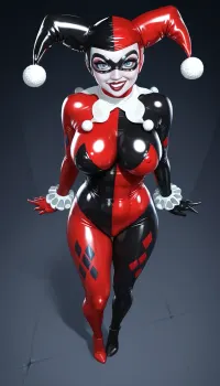 ((Harley Quinn from “Batman, The Animated Series ”:1.8)), ((Harley Quinn’s classic jester outfit:2), one piece outfit, full body covered head to toe, fully clothed, white face makeup, black eye mask), ((massive soft tits:1.6)), toned body, (natural beauty:1.2), (round booty:1.1), (highly detailed skin:1.4), (smiling:1), 30yo, Milf body, latex, beautiful face, curvy body, black lipstick, Blonde hair, medium boobs, round ass, m4rg0tr, h4rl3yq, from, above, front, close, standing seductively, extreme, (((very high resolution)), (((perfect light)))), clothing extremely tight, pale skin, pout, bimbo, clothing way too tight, thick thighs, ((over-detailed professional photography, masterpiece, epic photorealism)), DSLR camera, best quality, best resolution, uhd, perfect composition of lights and shadows, dynamic, the brightest image, clear focus, depth of field, 32k, 30 mm lens, 1/250 s, f/2.8, ISO 300, plain_catsuit, namilia-full-bodysuit-red, black, bodysuit, skinsuit, one-piece, namilia-full-bodysuit-blue, <lora:FF-Latex.ID-XL-011.bf16:.9>, <lora:Plain_catsuit:1.3>, <lora:NAMILIA-full-bodysuit-SDXL-V0.1:1.7>, swolu, standing, with, one, leg, up, angled, hips, bent, knee, only, low, <lora:StandWithOneLegUp.1.0:.8>, detailxl