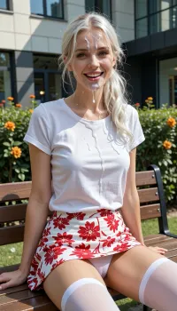 UHD, photorealistic. A 6 feet tall, very petite, extremely skinny russian woman, (with a lot of realistic cum dripping from her face and legs), in her thirties with fair skin and long, wavy white hair tied back, is sitting on a wooden park bench outdoors. She is wearing a loose-fitting, short-sleeved white t-shirt and a red and white floral print mini-skirt. Upskirt. skintight white panties Flashing. Her pose is relaxed, . She has a bright, cheerful smile and her eyes are looking directly at the camera. The background shows a modern building with large windows and lush green bushes with some orange flowers. The lighting is natural and bright, suggesting a sunny day. The composition is a medium shot, focusing on the woman and her relaxed posture, with a shallow depth of field blurring the background. The overall mood is happy, carefree, Her face and forehead and hair is completely covered in excessive amounts of realistic semi-transparent cum, an excessive amount of cum is on her face and in her mouth and in her hair, cum is dripping down on her skinny body, cum dripping from nose and chin, cum in hair, cum in eyes, her open mouth is overflowing with cum, so much cum everywhere, her eyes are open wide, but filled with sticky cum, her hair is messy, her facial is extremely horny, moaning in delight