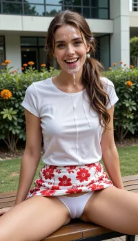 UHD, photorealistic. A 6 feet tall, very petite, extremely skinny Caucasian woman, (with a lot of realistic cum dripping from her face and legs), in her thirties with fair skin and long, wavy auburn tied back, is sitting on a wooden park bench outdoors. She is wearing a loose-fitting, short-sleeved white t-shirt and a red and white floral print mini-skirt. Upskirt. skintight white panties Flashing. Her pose is relaxed, . She has a bright, cheerful smile and her eyes are looking directly at the camera. The background shows a modern building with large windows and lush green bushes with some orange flowers. The lighting is natural and bright, suggesting a sunny day. The composition is a medium shot, focusing on the woman and her relaxed posture, with a shallow depth of field blurring the background. The overall mood is happy, carefree, Her face and forehead and hair is completely covered in excessive amounts of realistic semi-transparent cum, an excessive amount of cum is on her face and in her mouth and in her hair, cum is dripping down on her skinny body, cum dripping from nose and chin, cum in hair, cum in eyes, her open mouth is overflowing with cum, so much cum everywhere, her eyes are open wide, but filled with sticky cum, her hair is messy, her facial is extremely horny, moaning in delight