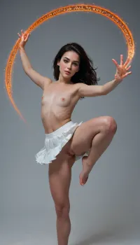 flat, chested, Girl casting a magical spell, zcaster, <lora:flat_chested_v3.5:.8>, <lora:Spellcaster_v4:1.1>, <lora:Dance_Art:1>, <lora:meganjenbodfox:.4>, Woman 20 year old casting an orange spell that circles around her body, her tits are showing and she's naked except for wearing a short white pleated skirt, she is in a, ((dynamic pose, twirling on one leg)), around and that flipping the skirt up making her perfect, (pussy slightly visible), under the skirt. Fantasy, magic

Wind is blowing around her as she casts the spell and lines of magic flow around her. She has long black hair and blue eyes with freckles., NEGATIVE_HANDS