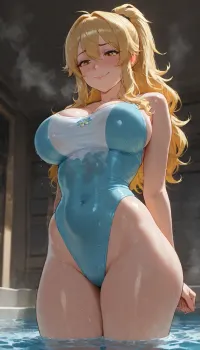 0 20 year old standing in water walking away turning to look over shoulder, under water half submerged, (half submerged:3), (steam over water:3), light blue pretty one-piece swimsuit with floral embroidery along the neckline, defined hips, thighs, (wavy yellow hair:.8), yellow wavy hair in a lose ponytail, pool, cruise ship deck, yacht deck pool, uplighting, pool lights, outside night, slutty, toned arms, (embarrassed smile:1.2), looking down over shoulder, blushing, freckles, glossy and full voluptuous lips, (strong jawline:.5), focus on eyes, low shot, side angle, dynamic shot, lower shot, detail, highly detailed, skin detail, wet, (dripping), soaking wet, <lora:bimboxl_02:.7>, <lora:Incase_Style__SDXL:.1>, <lora:AfrobullPony2-000016:2>