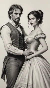 1man, 1 woman, detailed pencil drawing with clean lines and meticulous shading, El ingenioso hidalgo Don Quijote de la Mancha with Dulcinea del Toboso, Dulcinea is wearing a gorgeous dress with a corset, her breasts are visible, sidelight, blurry background, (((monochrome))), blurry white background, drawing, by, NTY, jsbw, style, v0ng44g, sk3tch, .8>, <lora:JasmineBWXLDoguMini:.7>, <lora:sketch_it:1.4>