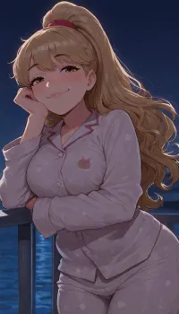 0 20 year old woman facing away turning around to look over her shoulder leaning over a railing, light gray pajamas, long sleeves over hands, loose, (defined hips), (wavy yellow hair:.8), yellow wavy hair in a lose ponytail, ocean view, outside night, blue hour, slutty, (relaxed smile:1.8), (relaxed), looking up over shoulder, freckles, glossy and full voluptuous lips, (strong jawline:.5), focus on eyes, high shot, side angle, dynamic shot, higher shot, detail, highly detailed, face detail, detailed hands, detailed fingers, <lora:bimboxl_02:.7>, <lora:Incase_Style__SDXL:.1>, <lora:AfrobullPony2-000016:2>