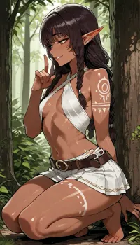 masterpiece, best quality, ultra-detailed, 4k, original, maximum details, high quality, high resolution, ultra high detailed character, highly detailed, Perfect face, perfect body, perfect eyes, green eyes, perfect pupils, perfect fingers, young adult, adult girl, very cute face, young face, girl low stature, petite, slim, athletic, (beautiful elf girl, tanned skin, white tribal tattoos, perfect beauty), brown hair, long hair braided in two braids, bangs, short white skirt, leather belt, white x-shape criss cross halter top, thin waist, flat breast, bare feet, (wide mischievous grin), in the forest, crouching back against the tree trunk in full view, in tree's shadow, looking away, head turned in profile, puts a finger to her lips in shushing gesture, knees together, reiq style, ratatatat74, lineart, line, art, flat, colors, color, <lora:LCMTurboMix_Euler_A_fix:1.1>, <lora:ratatatat74-000050:1.1>, <lora:mk_Bp Anime_xl:1>, <lora:lineartSDXL:1.7>