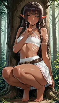 masterpiece, best quality, ultra-detailed, 4k, original, maximum details, high quality, high resolution, ultra high detailed character, highly detailed, Perfect face, perfect body, perfect eyes, green eyes, perfect pupils, perfect fingers, young adult, adult girl, very cute face, young face, girl low stature, petite, slim, athletic, (beautiful elf girl, tanned skin, white tribal tattoos, perfect beauty), brown hair, long hair braided in two braids, bangs, short white skirt, leather belt, white x-shape criss cross halter top, thin waist, flat breast, bare feet, (wide mischievous grin), in the forest, crouching back against the tree trunk in full view, in tree's shadow, looking away, head turned in profile, puts a finger to her lips in shushing gesture, knees together, reiq style, ratatatat74, lineart, line, art, flat, colors, color, <lora:LCMTurboMix_Euler_A_fix:1.1>, <lora:ratatatat74-000050:1.1>, <lora:mk_Bp Anime_xl:1>, <lora:lineartSDXL:1.7>