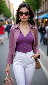 A girl in a dark lilac T-shirt, a chestnut-colored summer jacket on top, white jeans, high heels, a small handbag, cherry lipstick on her lips, pearls on her neck, ruby ​​earrings in her ears, a girl walking around the city, a very beautiful girl, black hair, a ponama on her head, in black sunglasses