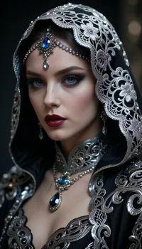 Cinematic portrait of a woman wearing an ornate silver filigree hooded cloak, intricate lace patterns with floral motifs, elaborate jeweled headpiece with sapphire centerpiece and crystals on forehead, dramatic smoky eye makeup, long dark lashes, piercing blue-grey eyes, glossy burgundy red lips, porcelain skin, elegant jewelry with teardrop gemstones, luxurious embroidered black and silver fabric with baroque patterns, soft dramatic lighting, shallow depth of field, professional photography, ultra detailed, photorealistic, 8k resolution, fantasy fashion editorial style, regal and mysterious atmosphere