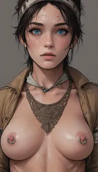 score_9, score_8_up, score_7_up, source_anime, close up portrait, Masterpiece, dynamic view, 1woman, 30 years old, tall, (alyx vance from half-life 2:1.5), (north african brunette, korean facial features:1.4), (dirty blue jeans, cropped tan tin cloth jacket with white fur collar, black bandana headband, black hair over the top, dark skin, curvy, muscular, nipple rings), solo, perfect big round breasts, naked, ((close Up)), (open eyes, looking at viewer:1.4), (A detailed anime drawing with clean lines and meticulous shading, flat colors, line art, no gradients), realistic anatomy, Moebius, detailed face, (Jean, Giraud), page, lineart, Andava, Andavaverse, realistic drawing, ((markgavatino style)), Melkor mancin style, masterpiece, simple background, <lora:Moebius (Jean Giraud) Style:1.5>, <lora:outline_xl_kohaku_delta_spv5x:1.5>, <lora:lineartSDXL:1.5>, <lora:MJ52:.8>, <lora:mk_Bp Anime_xl:1>