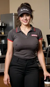 A Tim Hortons cashier—an 18-year-old thick and short brunette white pawg with 36DD massive tits. She has a cute smile and messy hair.. She has a cute smile and tousled hair. She is wearing a very tight, dark brownish-grey polo shirt with red trim, tight black trousers, and a matching dark brownish-grey visor featuring the white "Tim Hortons" logo. She is facing you, holding a coffee carafe.
