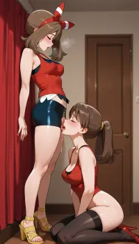 lesbian, 2 woman from Pokémon, dawn and may, lesbian sex, pussy licking, side profile view, one seated, orgasm, heels and stockings, cunnilingus, 2girls, girl, licking, pussy, 1girl, may_\, (pokemon\), collarbone, highres, eyelashes, red_shirt, bow_hairband, sleeveless_shirt, perfect fitting background, anime art style, fanart, explicit, nsfw, absurdres, bike_shorts, dawn_\, <lora:Cunnilingus XL:.8>, <lora:may_(pokemon):.8>, <lora:dawn_(pokemon)_v3:.8>