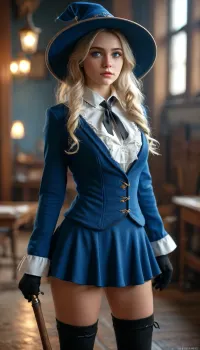 (warm ambient light:.5), (shadows:.4), 8k, best quality, (masterpiece), (intricate details), 1 18 year old girl, full body view, blonde hair, perfect eyes, perfect face, perfect lighting, beautiful, high detail, octane render, detailed eyes, (full-body shot), (sexy female wizard student), wizard wand, wizard hat, blue silver school uniform, boots, black eyeliner, deep cleavage, large breasts, no panties, JS_ShortSkirt, bright, blue, eyes, <lora:MJ52:.8>, <lora:Portrait_perfection:.8>, <lora:bright_blue_eyes:.8>