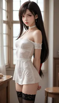 Tifa Lockhart, long black straight hair, red eyes. B size breasts, thin waist, slender thighs, slim legs, hourglass figure, small chest., (Extremely textured white lace sheer off-shoulder, mini-dress, thigh high white lace stockings, white choker), arms tied behind back, side view