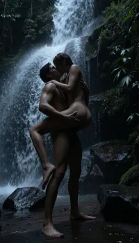 Late at night, extreme darkness, overwhelming low light conditions, deep within the jungle, in the absolute close foreground, stands a nude couple directly beneath a waterfall, 28 years old, the man carries the woman securely in his hands while they remain beneath the roaring cascade, her arms wrapped around his neck, her legs embracing his hips, her feet locked together behind him, their embrace radiates safety, tenderness, profound intimacy, unwavering love, heavy shadows veil their bodies, no direct light reaches them, the couple appears almost entirely as silhouettes, barely visible through the falling water, concealed inside the shadowed heart of the dark jungle, cinematic composition, ultra realistic, atmospheric, emotionally powerful, mysterious, immersive, breathtaking, dramatic, natural textures, mist swirling endlessly, subtle reflections shimmer only across surrounding rocks, dense foliage absorbs every remaining glimmer, creating extraordinary contrast between relentless motion and quiet devotion, hidden from the world, every detail emphasizes authentic human connection, resilient affection, tranquil trust, timeless unity, framed by untamed wilderness, thunderous water echoing infinitely, invisible moonlight obscured above, absolute darkness dominates every corner, realistic volumetric spray envelops everything, cinematic depth, haunting atmosphere, hyper detailed, photorealistic masterpiece, quality, unmatched