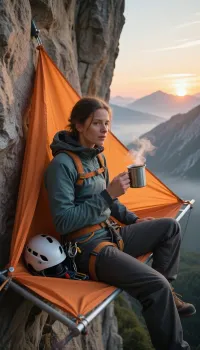 a photorealistic sunrise scene on A large, smooth climbing vertical big wall without any projections, adult female climber in 100 meter height, 28 years old, fully clothed in practical alpine climbing layers, a slim insulated jacket, softshell pants, harness, helmet clipped nearby, sitting on a compact single-person portaledge, a slender aluminum frame with flat, taut fabric, no mattress, no sagging, attached by thin straps and small climbing bolts. A tight orange storm fly forms a low canopy, front partially open. Rising sunlight glows through the fabric, warming the small space. She holds a simple metal mug with steaming coffee, gentle vapor in the cold air, tired, content expression. Detailed granite textures, vast drop below, misty valley, first light on distant peaks, natural colors, sharp details, emotionally powerful, realistic big-wall atmosphere, documentary realism, quiet courage.