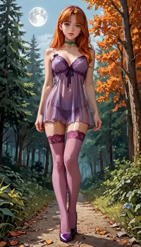 8k, score_9, score_8_up, score_7_up, Cinematic still the viewer looks down at a submissive girl, FILM PHOTOGRAPHY STYLE, cinematic photography of a woman, professional portrait photo realism, ultra detailed face, perfect body, perfect pale shiny skin, daphna from Scooby Doo, orange hair, long ginger hair, hairband, purple thight nightgown, pueolw lingerie, green choker, purple heels, magenta stockings, anime style, standing, close up, horny, low angle, at forest, mist, midnight, full moon, full body view, short skirt, <lora:bombshell_v2:.8>, <lora:ratatatat74-000050:.8>, <lora:NEOTOKIOXL_0.2_RC:.8>, <lora:detailed_notrigger:2>, <lora:LCMTurboMix_Euler_A_fix:.8>