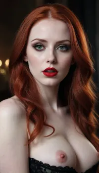 Gothic girl, slim body, huge breast, long redhead hair, green eyes, dark make up, red lips, very pale skin, naked, shaved vagina, side