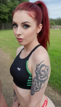 Young adult woman, slender athletic-feminine figure, green eyes, dark eyeliner, long thick eyelashes, full dark defined eyebrows, long red hair, ponytail, tattos, outdoor, missionary