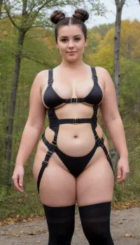 Plump saggy 30 y.o. woman, (brunette space buns hair:1.8), medium sized saggy and hanging breasts, pubic hair, hairy pussy, standing in nature park by a stream, tight leggings, fupa, cameltoe, cellulite, fat, plump lips, (big chubby belly:1.9), (large lower body:1.8), (large belly:2), (space buns hair), (wearing a tight full body harness, straps, garter:2), pulled up tits out, facing viewer, eye contact, big thighs, (saggy:1.6), (chubby:1.5), (big hips in leggings:1.8), bounty4483b, plump, skindentation, chubby, bbw, venus, body, big, breasts, ass, harness, garter, straps, cupless, bra, <lora:bounty4483b-000004:.8>, <lora:Chubby BBW - XL:1.4>, <lora:Harness_Straps_sdxl:.8>