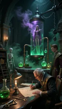 Fantasy setting, cgi Render with imperfections saturated dark green colors Style, The scenario is enveloped in the deepest darkness imaginable, filled with thick, swirling steam and dust that obscures every surface, The air is heavy and thick, and no ray of light penetrates the suffocating haze, (Dark room), candle light, strong saturated poisonous dark green color grading across the entire scene, overwh- overwhelming darkness dominates a colossal cathedral-scale underground royal alchemical laboratory. Sparse wall torches, emerald reaction flasks and glowing vessels create isolated pools of light that fade naturally into deep shadow. Dense poisonous emerald vapor drifts through the immense chamber, thick violet magical vapor envelops the suspended creation vessel, Individual lit stations reveal the disciplines of forbidden creation, A massive stone dissection table with antique surgical instruments, preserved specimens and a- life-sized teaching skeleton on a wooden stand. A heavy oak drafting table lit by a bright glass oil lamp, covered with technical drawings, Vitruvian proportion studies, feather quills, brass dividers and parchment. surrounding shelves with leather-bound volumes and a rolling ladder. Interconnected glass retorts, distillation columns, copper tubing, bubbling reaction vessels, glowing green fluids continue their quiet work in the background. Monumental forged iron rail systems, pulleys, counterweights, heavy chains engineered to move enormous vessels with precision. The alchemist, 64 years old, concentrates on precise drawings with quill and compass while the apparatus behind him quietly bubbles. A prince, 31 years old, in ornate royal medieval clothing with a small crown watches silently from the surrounding shadow. The princess, 28 years old, stands at true adult scale inside a spacious suspended glass vessel, visible from head to feet within glowing green fluid, violet vapor gently veiling her form. Every visible element serves the singular purpose of creating human life through forbidden royal alchemy, centuries of continuous experimentation and sacred study.