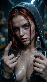 Close-up portrait of a Drug-addicted woman's face and deep Décolleté, red dirty wet hair, In the completely blurred foreground, the viewer sees her giving him the middle finger of her left hand, right hand holds wet Medical syringe made of glass and metal, catching lightningin a dark alley during hard rain at dark night, She wears soaked wet weathered hoodie, mist drifting behind her, faint lightning illuminating her face from above and behind. The camera is slightly below her eye level, so she looks down at the viewer with a cold, condescending stare, arrogant, superior, and almost cruel, Her head is slightly tilted down, chin subtly lifted in superiority, eyes narrowed with judgment and dominance. Hyper-realistic oiled skin, pale wet sheen, visible pores, fine natural texture, Her facial features are regal and sharp, high sculpted cheekbones, Pronounced dark circles under the eyes and clear signs of excessive use of heroin, narrow lips pressed together with faint disdain, eyebrows slightly lowered and arched in calculated superiority. Her eyes are piercing with deep dark blue irises, razor-sharp iris detail, tiny lightning catchlights reflecting in them. Expression communicates absolute authority, cold pride, and a chilling confidence that borders on menace, Her soaking wet baseball cap is visible at the edge, Cinematic storm lighting, cold blue highlights, high contrast, hyper photorealistic, 8K, extreme facial detail, shallow depth of field, intense gaze, dark blurred market behind her