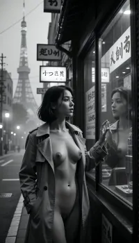 Noir, b&w, 1940's in the twilight hours, asian girl on a foggy tokyo street, downtown, in a trench coat watches a story window, coat unbuttoned, under the coat she is naked, Japanese restaurant signs, her image reflects on the window, 34c boobs, one hand touching the window, tokyo tower visible in the background