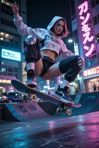 dynamic low-angle shot of a stylish female skater performing a mid-air kickflip in a vibrant Tokyo urban skatepark. She wears futuristic streetwear with a cropped hoodie and chunky sneakers. The background features glowing neon signs, blurred city traffic, and Japanese katakana typography. Cinematic lighting, motion blur, highly detailed, 8k resolution, photorealistic, shot on 35mm lens, masterpiece. --ar 16